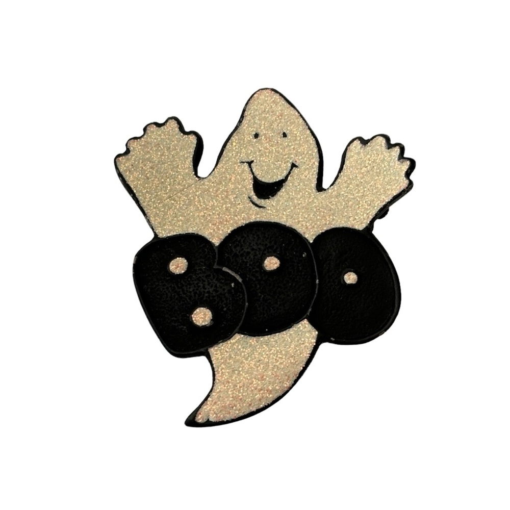 Glitter Ghost Boo Halloween pin brooch. Metal medium weight.